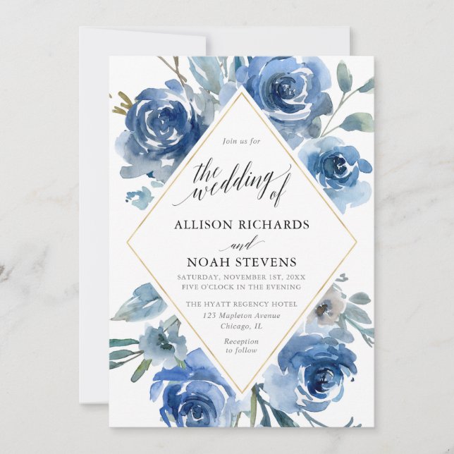 Blue white gold floral watercolor modern wedding invitation (Front)