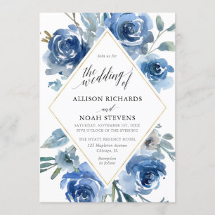 Blue white gold floral watercolor modern wedding invitation