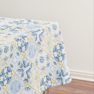 Blue White Gold Geometric Tile Chinoiserie Tablecloth