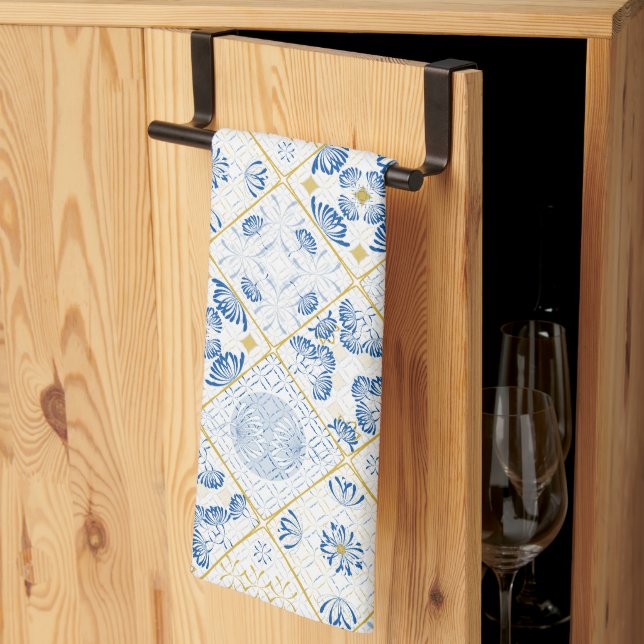 Blue White Gold Geometric Tile Chinoiserie Tea Towel (Thirds Fold)