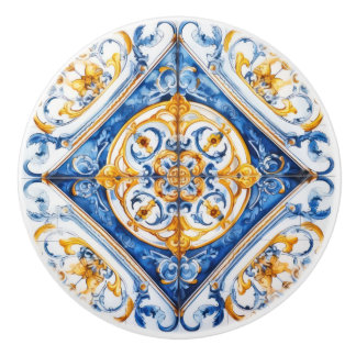 Blue White Gold Look Talavera Azulejo Tile Ceramic Knob