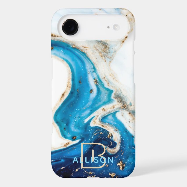 Blue White Gold Marble Abstract Art Monogram Case-Mate iPhone Case (Back)