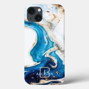 Blue White Gold Marble Abstract Art Monogram iPhone 13 Case