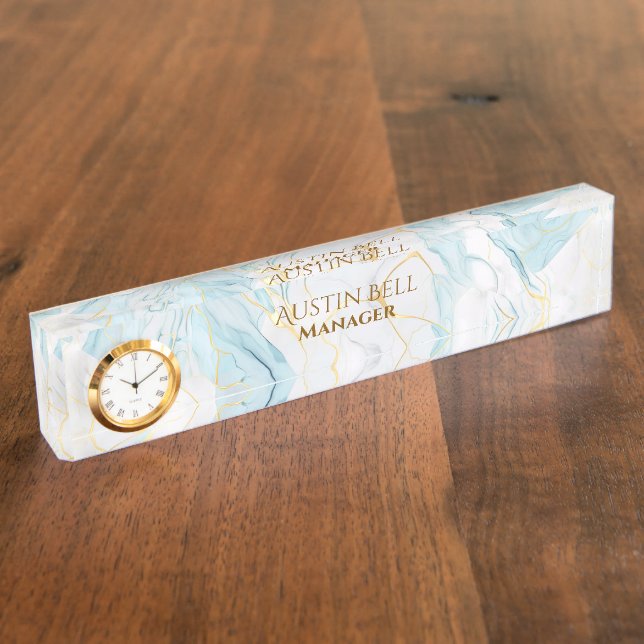 Blue White Gold Marble Personalised  Nameplate (Side)