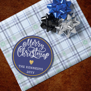 Blue White Gold Merry Christmas Classic Round Sticker