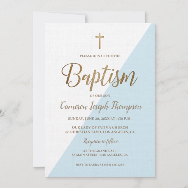 Blue White Gold Modern Baby Boy No Photo Baptism Invitation (Front)