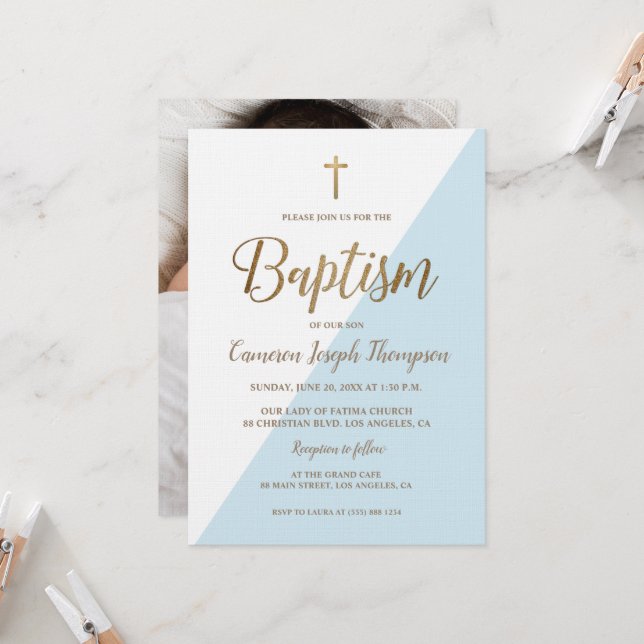 Blue White Gold Modern Baby Boy Photo Baptism Invitation (Front/Back In Situ)
