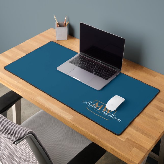 Blue White Gold Monogram Name Script Desk Mat (Office 2)