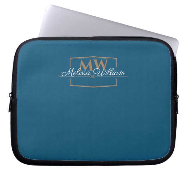 Blue White Gold Monogram Name Script Laptop Sleeve (Front)