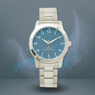 Blue White Gold Monogram Name Script Watch