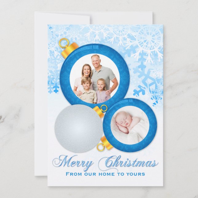 Blue White Gold Ornaments Christmas Photo Card (Front)