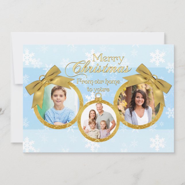 Blue White Gold Ornaments Christmas Photo Card (Front)