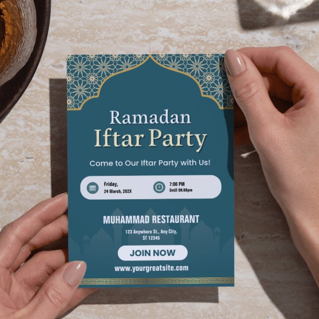 Blue, White & Gold Ramadan Iftar Invitation Poster (Blue, White & Gold Ramadan Iftar Invitation Poster - Restaurant & Party Menu)