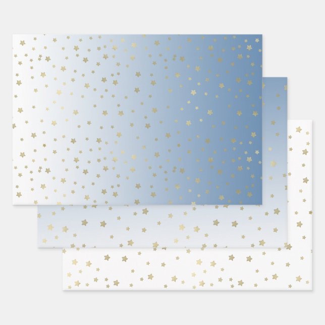 Blue White Gold Stars Birthday Wrapping Paper Sheet (Set)