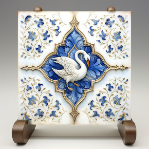 Blue White Gold Swan Mediaeval Scrollwork Tile