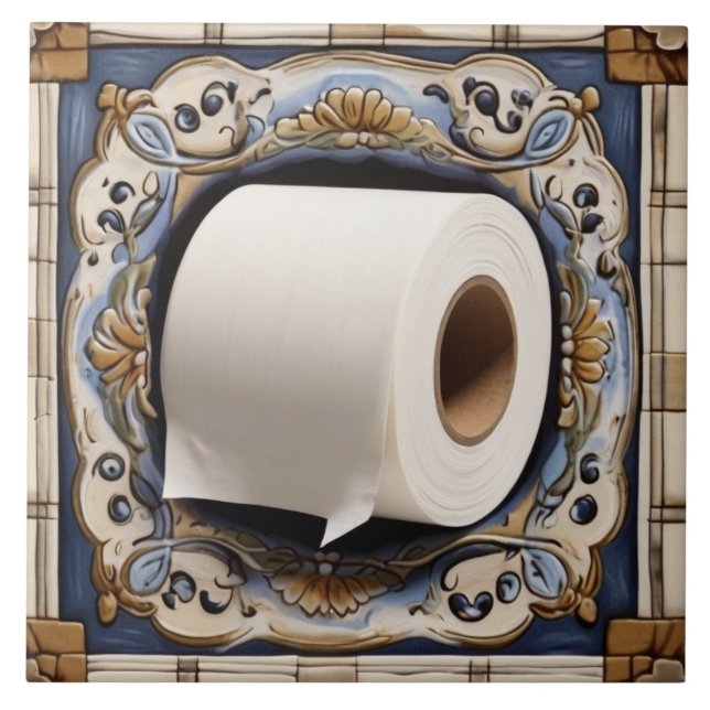 Blue White & Gold Toilet Paper Roll Funny Bathroom Tile (Front)