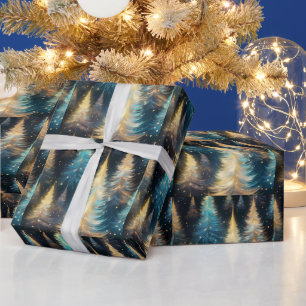 Blue White Gold Trees Modern Christmas Wrapping Paper