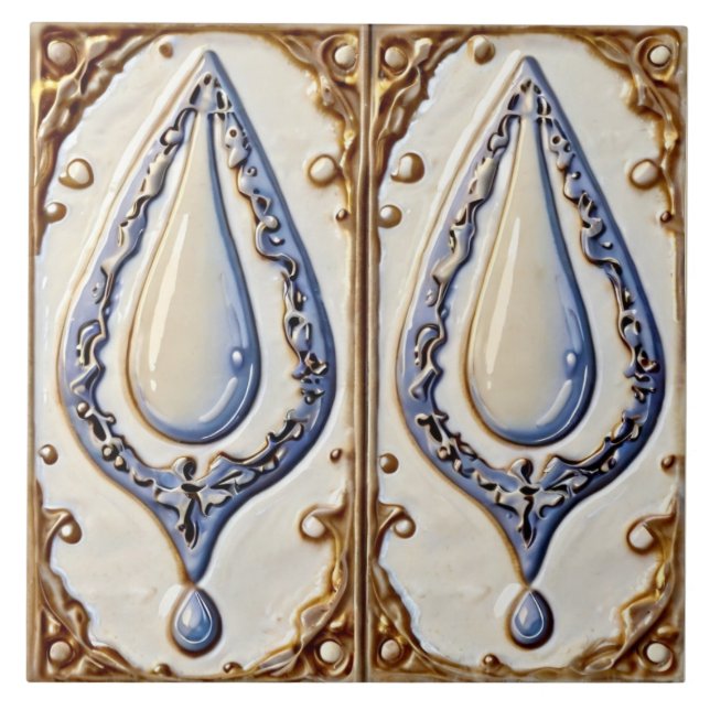 Blue White & Gold Water Droplets Bathroom Tile (Front)