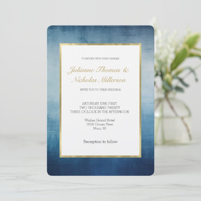 Blue White Gold Wedding Invitation (Standing Front)