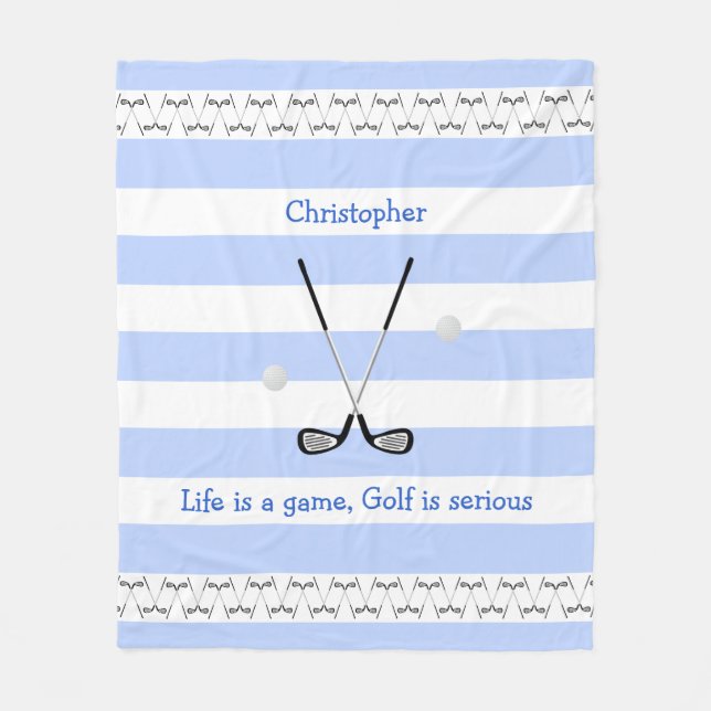 Blue white golf clubs personalised fleece blanket (Front)