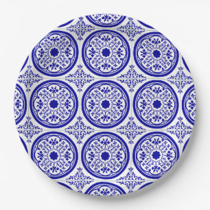 Blue White Gothic Tile Pattern Paper Plate