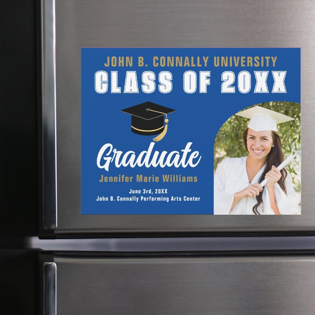Blue White Graduate Photo Graduation Magnet Card (Creator Uploaded)