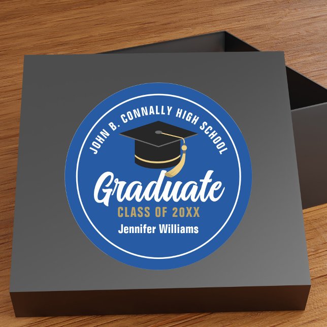 Blue White Graduation Party Custom Graduate Classic Round Sticker (Creator Uploaded)