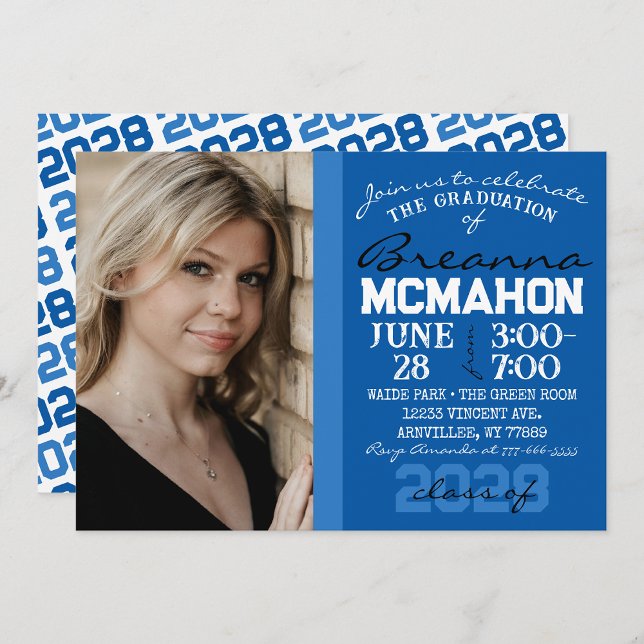 Blue & White Graduation Photo Invitation (Repeating Class Year 1 & 2 Photo Graduation Invitations & Announcements)