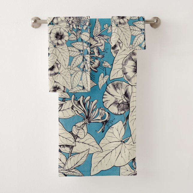 Blue White Graphic Flowers Pattern Bath Towel Set (Insitu)