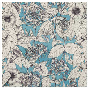 Blue White Graphic Flowers Pattern Fabric