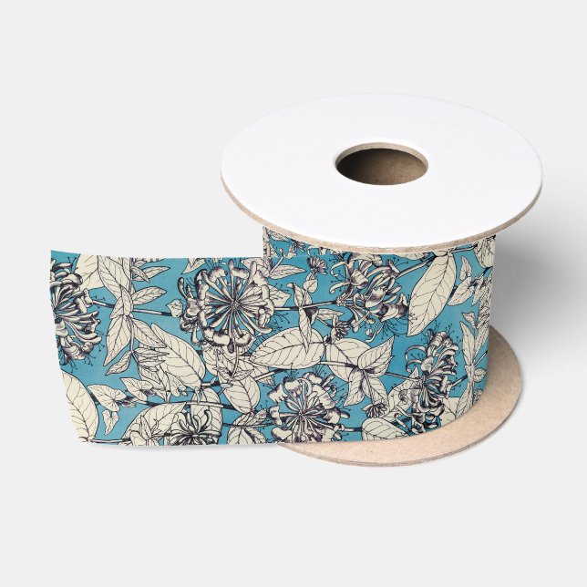Blue White Graphic Flowers Pattern Satin Ribbon (Spool)