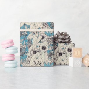 Blue White Graphic Flowers Pattern Wrapping Paper