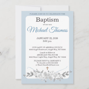 Blue White Gray Rose Watercolor Cross Baptism Invitation