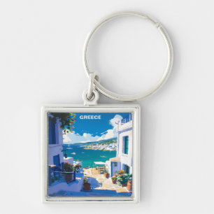 Blue White Greece Vintage Travel  Key Ring