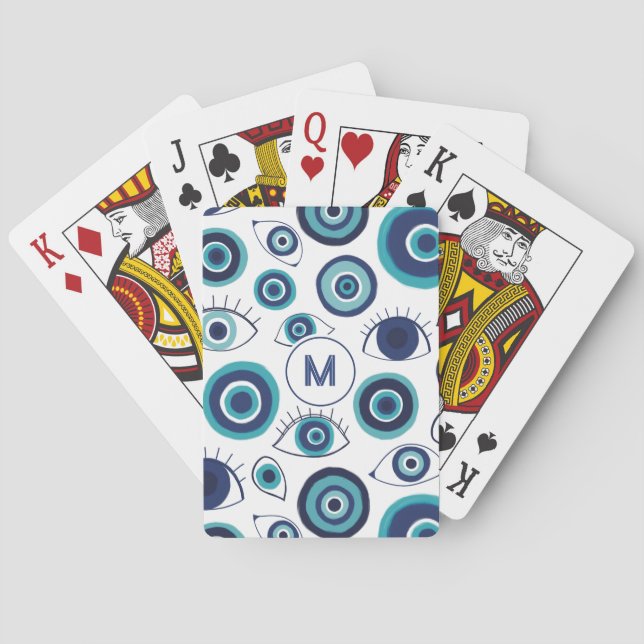 Blue White Greek Evil Eye Pattern Monogram Playing Cards (Back)