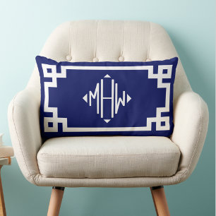 Blue White Greek Key #2 Diamond Monogram DIY BG Lumbar Cushion