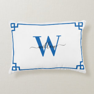 Blue & White Greek Key Monogrammed  Decorative Cushion