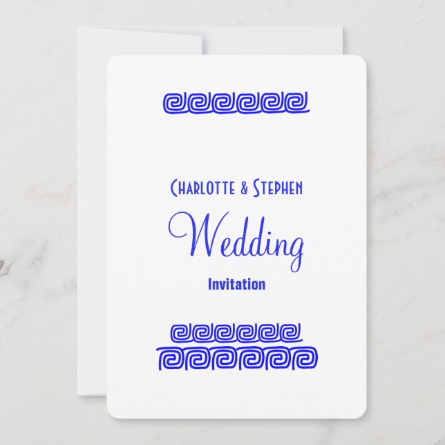 Blue White Greek Meander Key Personalised Wedding Invitation (Front)