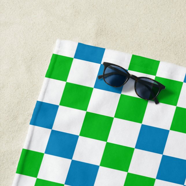 Blue White Green Chequered Design  Beach Towel (In Situ)