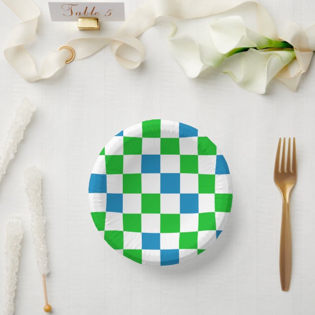 Blue White Green Chequered Design  Paper Plate (Wedding)