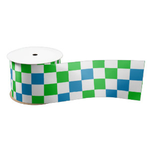 Blue White Green Chequered Design Satin Ribbon