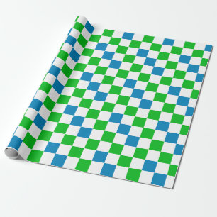 Blue White Green Chequered Design Wrapping Paper