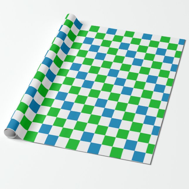 Blue White Green Chequered Design  Wrapping Paper (Unrolled)