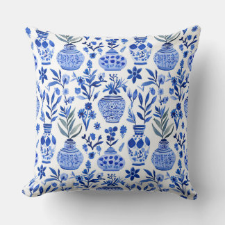 Blue White Green Chinoiserie Vase Pattern Cushion