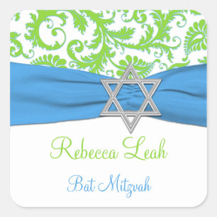 Blue, White, Green Damask Bat Mitzvah Sticker