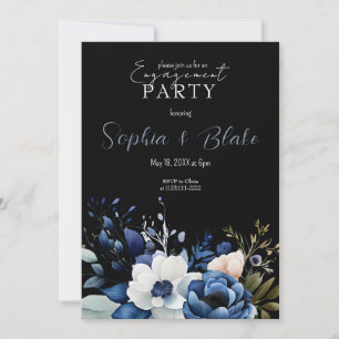 Blue, White & Green Floral Black Engagement Party Invitation