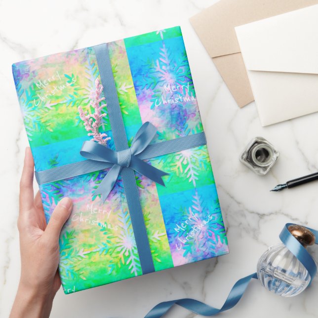 Blue White Green Fractal Snowflake Christmas Wrapping Paper (Gifting)