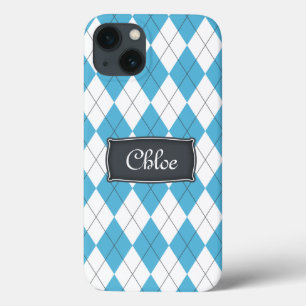 Blue White Grey Argyle Name iPhone 13 Case