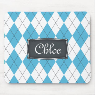 Blue White Grey Argyle with Name Mouse Pad