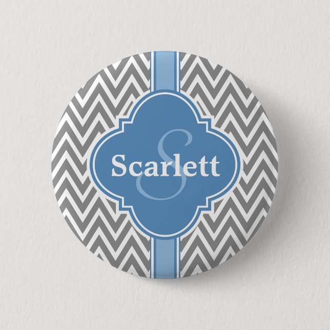 Blue White Grey Chevron Pattern and Monogram 6 Cm Round Badge (Front)